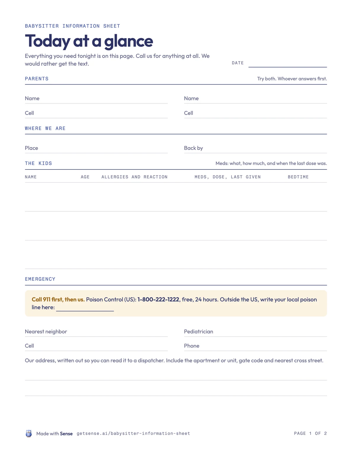 Page one of the printable babysitter information sheet: today at a glance