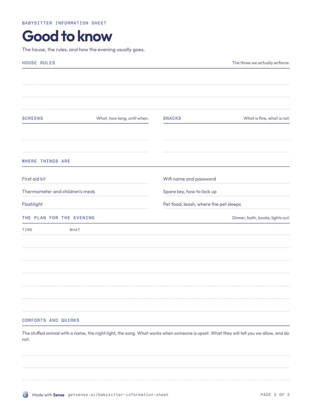 Babysitter information sheet, page two: house rules, screens, snacks, where things are, the plan for the evening and comforts and quirks