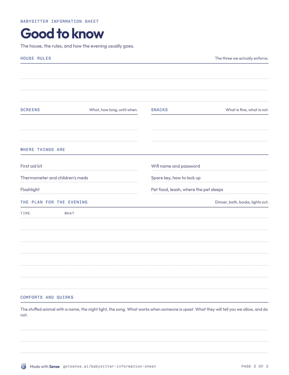 Page two of the printable babysitter information sheet: good to know
