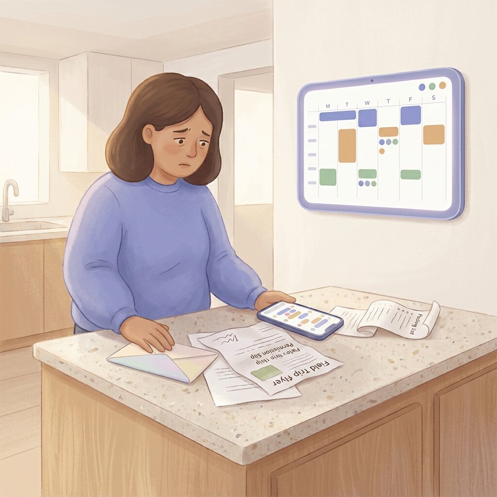 ADHD parent at a kitchen counter buried in school emails and paper flyers, while a wall-mounted family tablet shows a tidy ADHD-friendly calendar