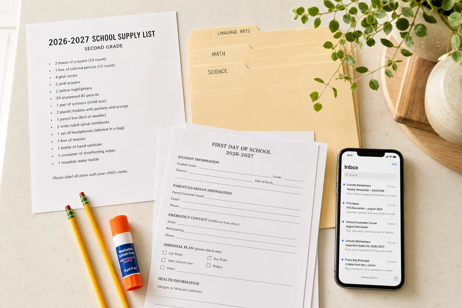 A kitchen counter in warm daylight with a school supply list, labeled folders, a stack of first-day forms, and a phone showing new school email notifications