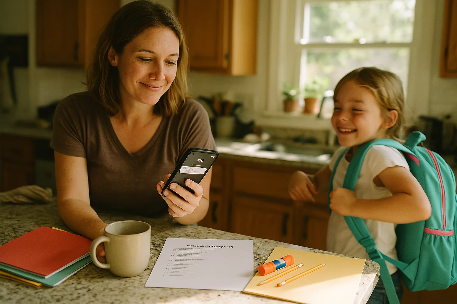 A mom at a sunlit kitchen counter reading a school email on her phone while her daughter tries on a new backpack, a supply list and school supplies on the counter