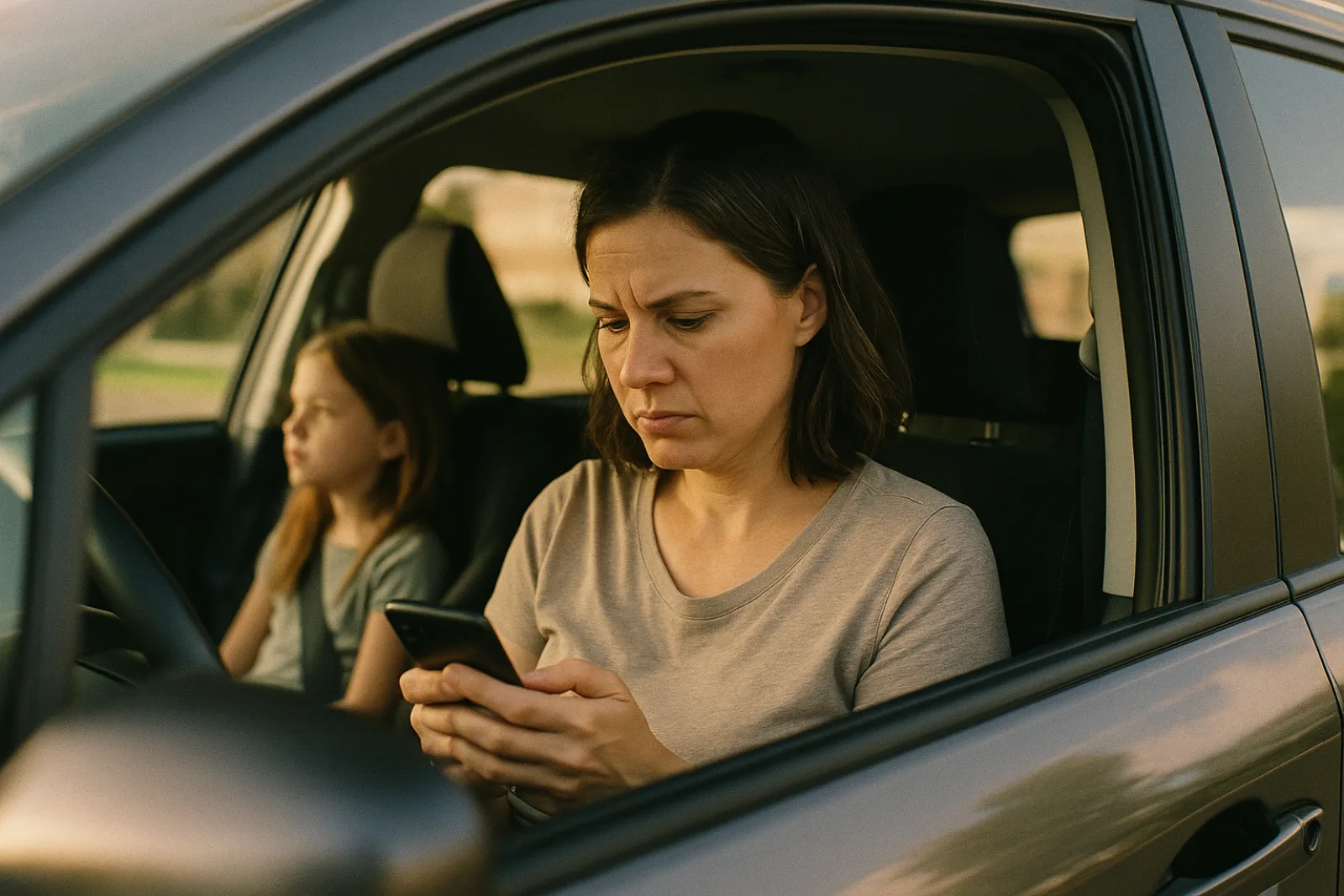 A mom in her parked SUV in the school pickup line, scrolling on her phone, her daughter visible in the back seat