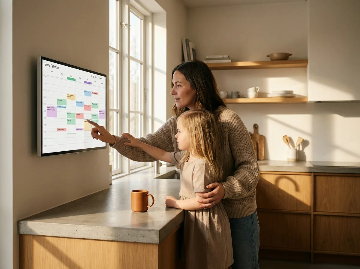 A mum and her daughter at the kitchen bench, reading the week's schedule on a wall-mounted DayNest display