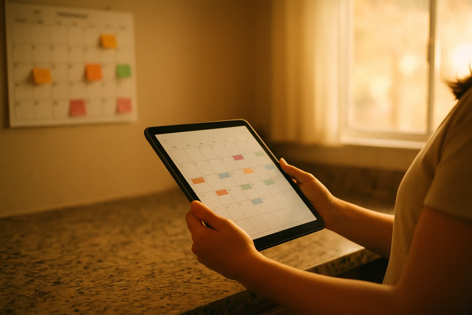 A mom holding a tablet showing a digital family calendar, with a paper wall calendar dotted with sticky notes in the background