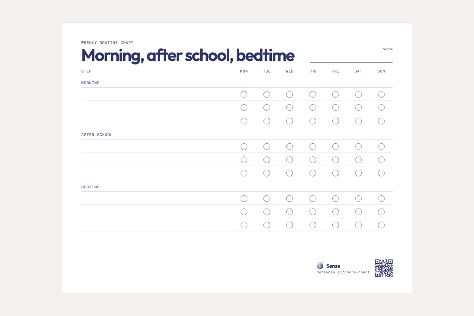 The free printable weekly routine chart, with morning, after school and bedtime rows and a ring for each day of the week