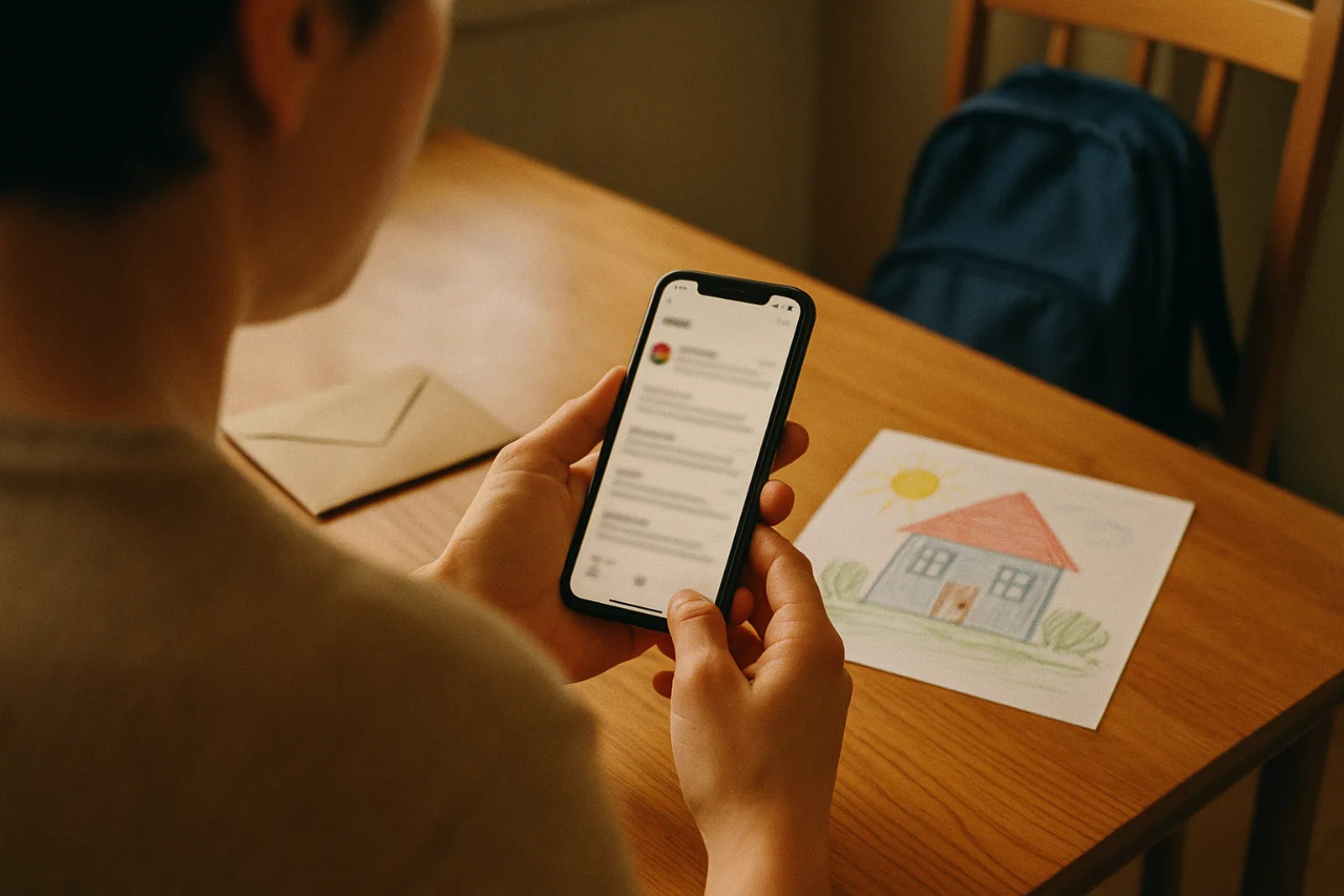 Over-the-shoulder view of a parent at a kitchen table holding a phone with an open email, a child's drawing and an envelope beside them