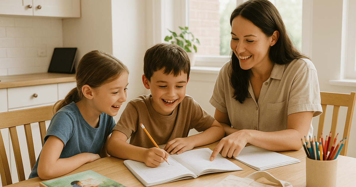 A parent and two kids working through morning lessons at a sunlit kitchen table, workbooks and a library tote nearby, a tablet on the counter showing the day's plan