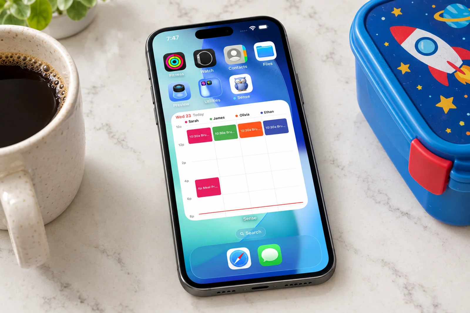 A phone on a bright kitchen counter next to a coffee mug and a kid's lunchbox, with the Sense family calendar widget showing the day for each family member