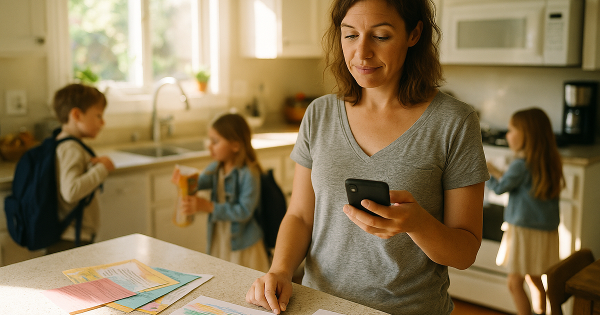 A parent at a kitchen counter sorting a stack of school emails into dates, tasks, and things to know