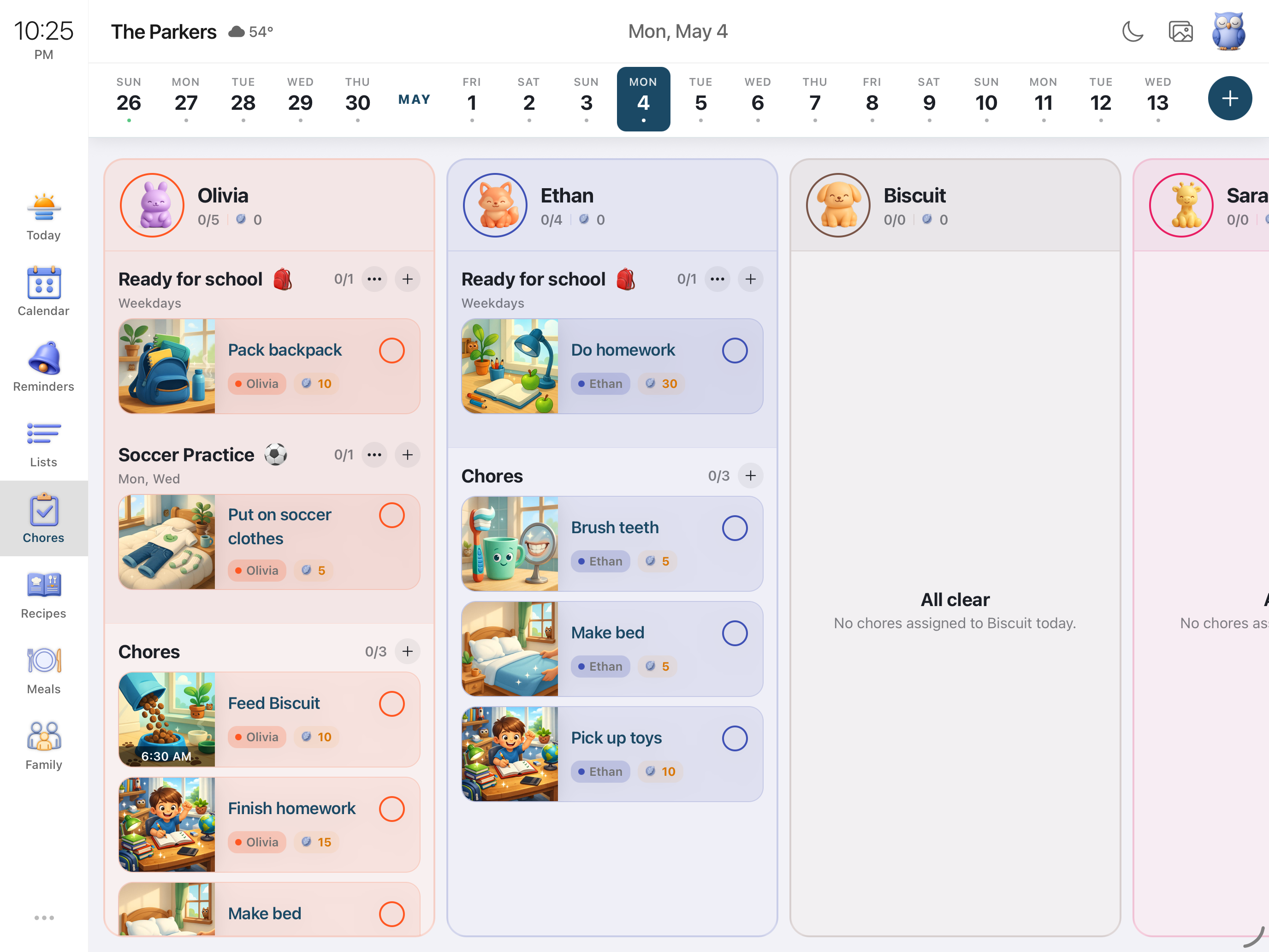 The redesigned Sense chores screen on tablet, showing one column per family member with routines like Ready for school, Soccer Practice, and Chores grouped under each kid