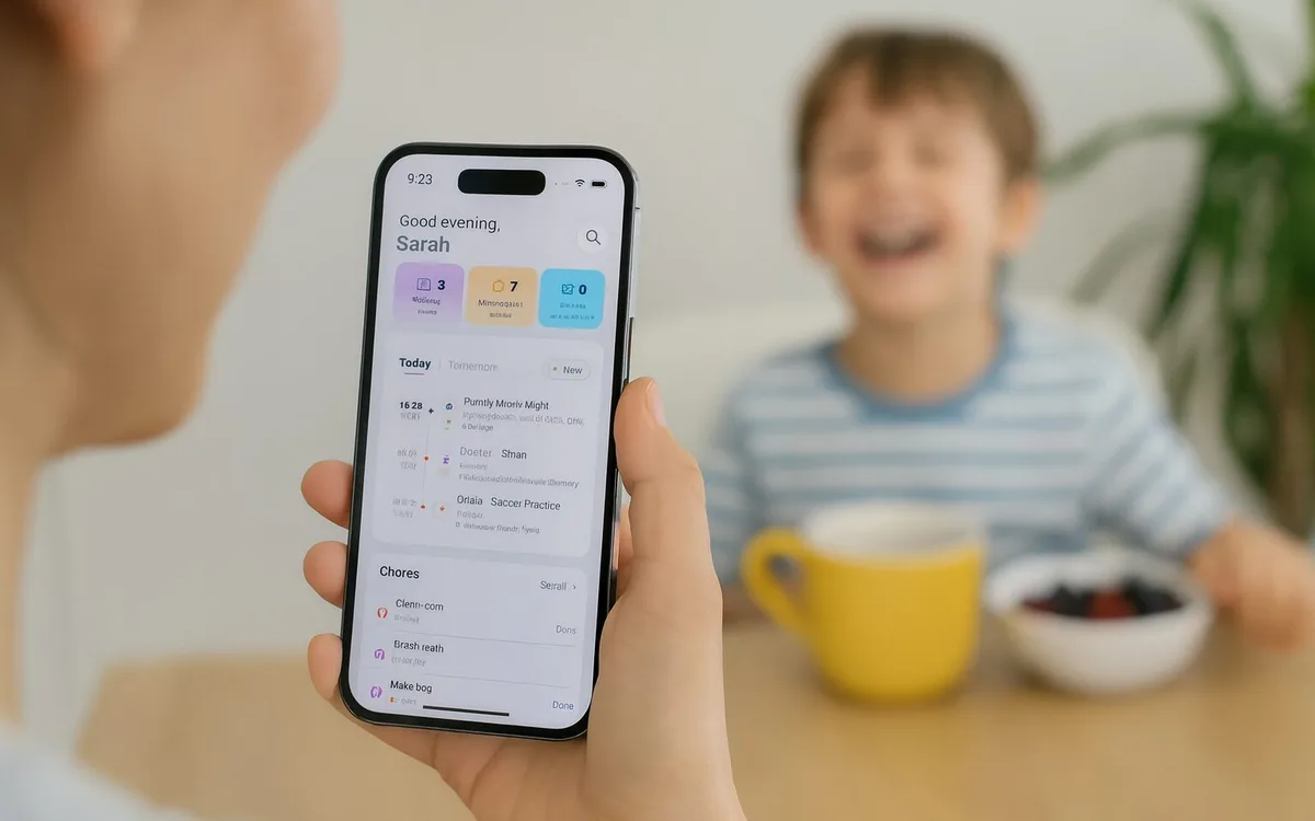 A mom at a bright kitchen counter reading the family calendar on the Sense app, a school newsletter and a soccer schedule beside her