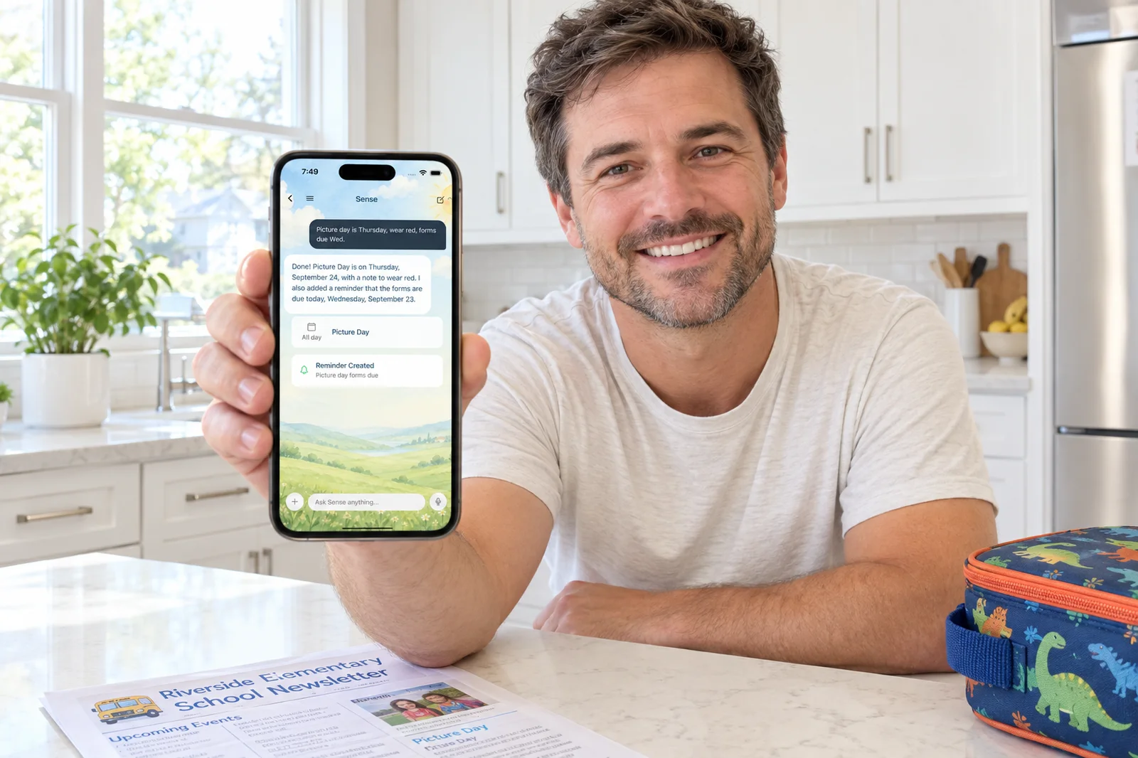 A dad at a bright kitchen island holding up his phone with the Ask Sense chat screen facing the viewer, a school newsletter and a kid's lunchbox on the counter