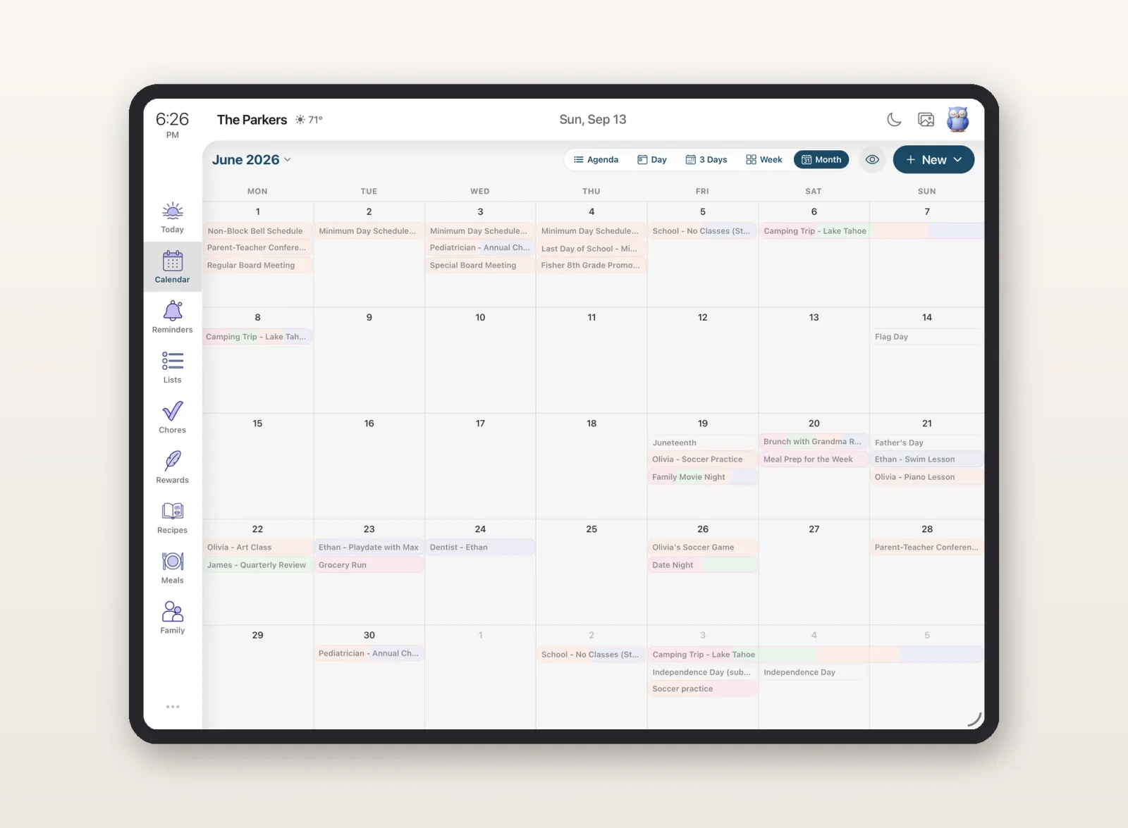 The Sense shared family calendar in month view, filled with the whole family events, activities, and school dates