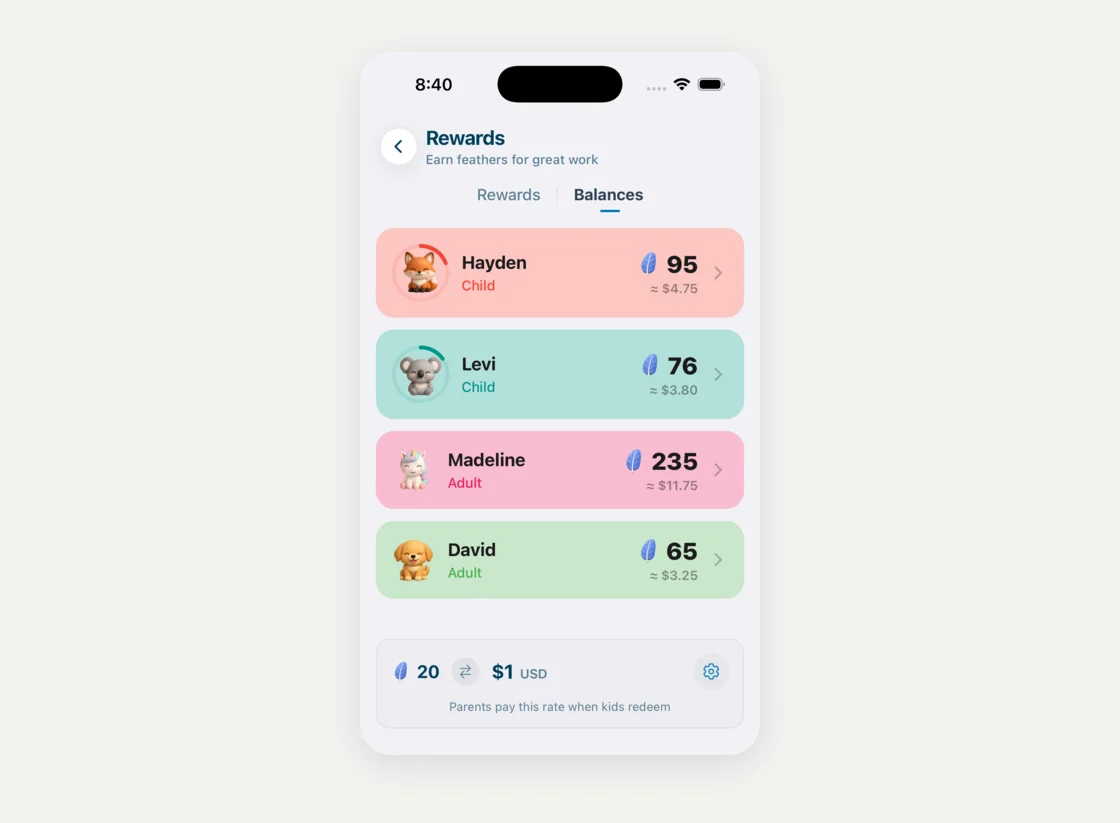 Sense Balances screen showing each family member's feathers and their dollar value, with a conversion rate of 20 feathers to 1 US dollar