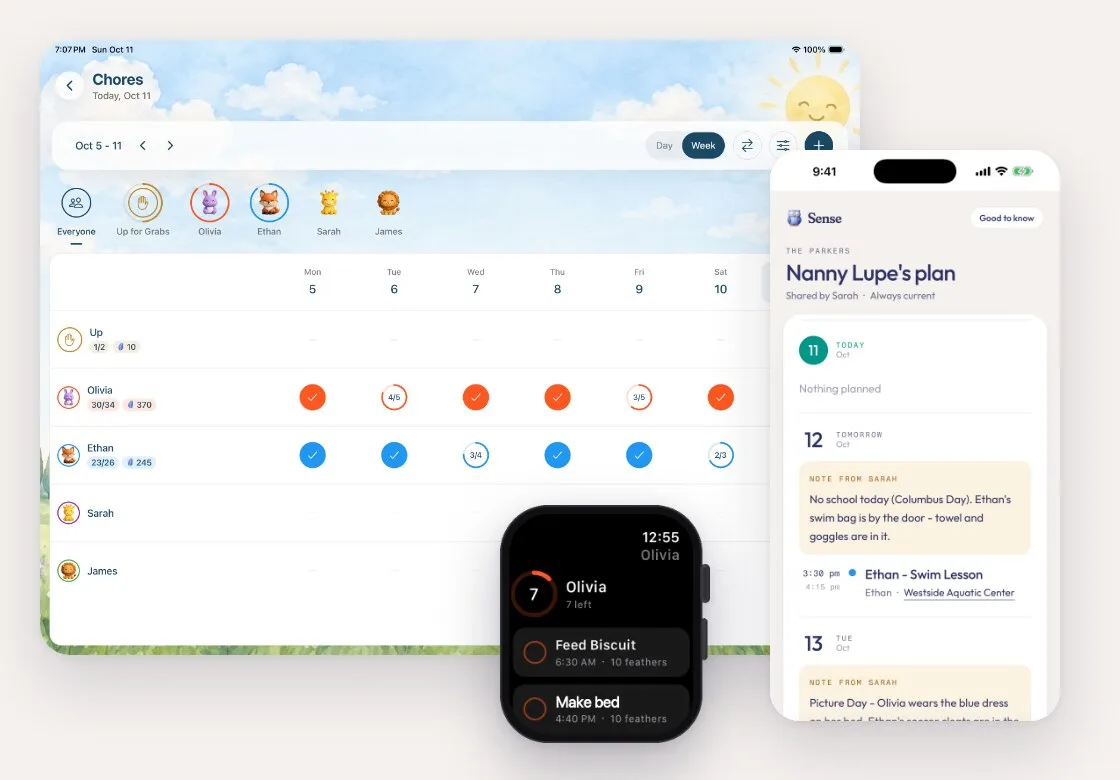 Sense chores on an iPad week chart, Olivia's chores on an Apple Watch, and a shared family plan on a phone