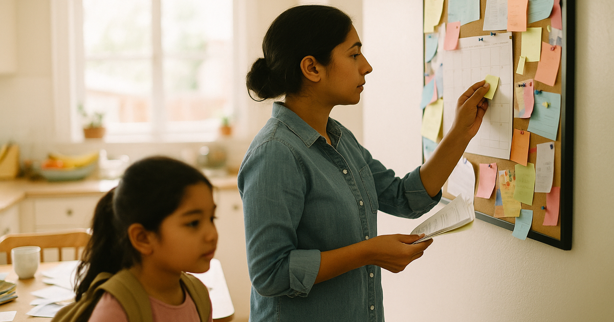 A mother updating a family wall calendar and cork board layered with school flyers and sticky notes while her daughter heads out with a backpack