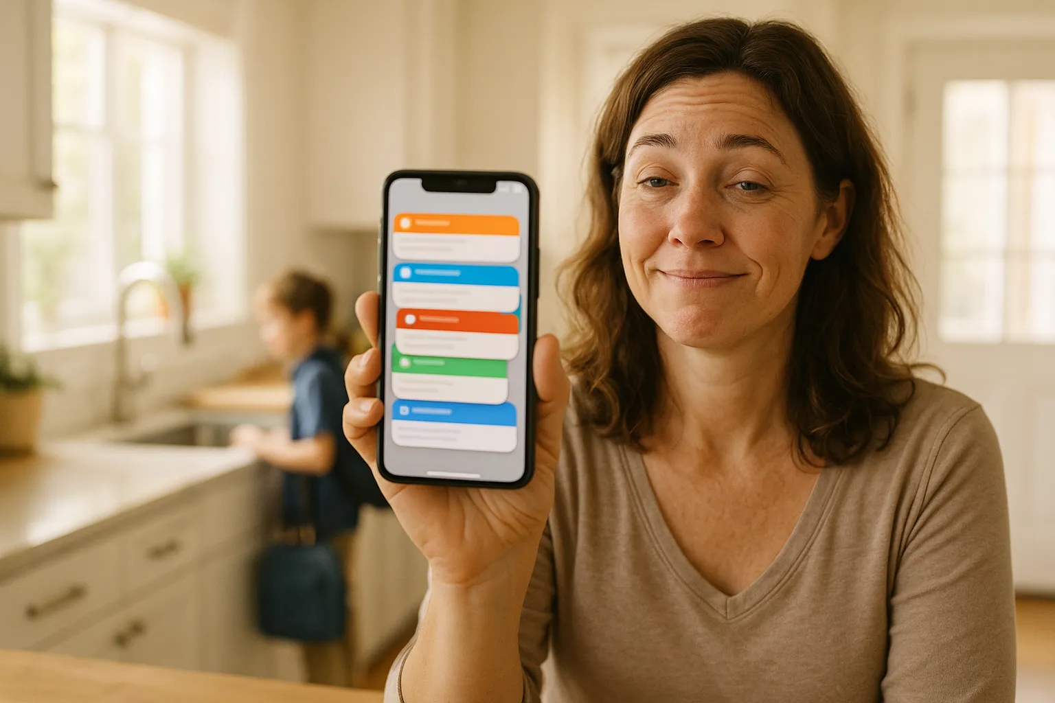 A mom at a sunlit kitchen counter holding her phone, its screen stacked with notifications from ParentSquare, Remind, ClassDojo and Seesaw, while her kids get ready for school in the background