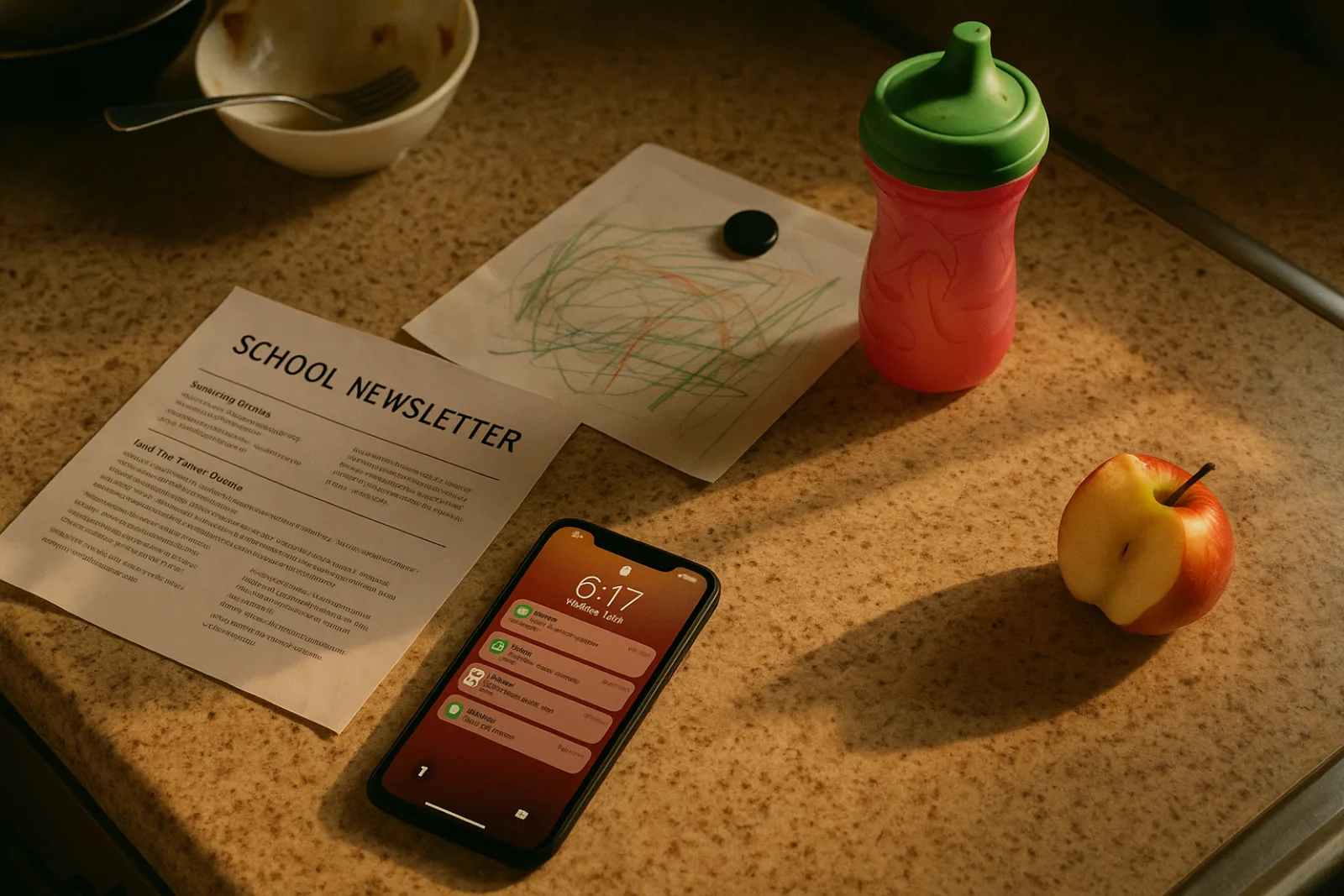 A messy kitchen counter with a phone showing notifications, a school newsletter, a sippy cup, and a child's crayon drawing