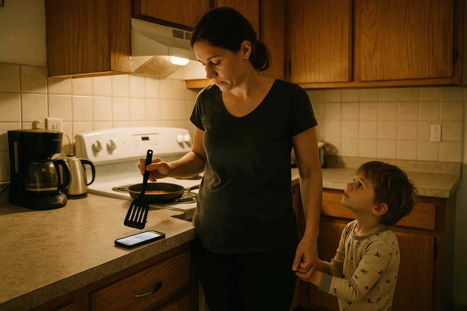 A mom at the kitchen stove holding a spatula, glancing at her phone on the counter, a child in pajamas tugging her sleeve
