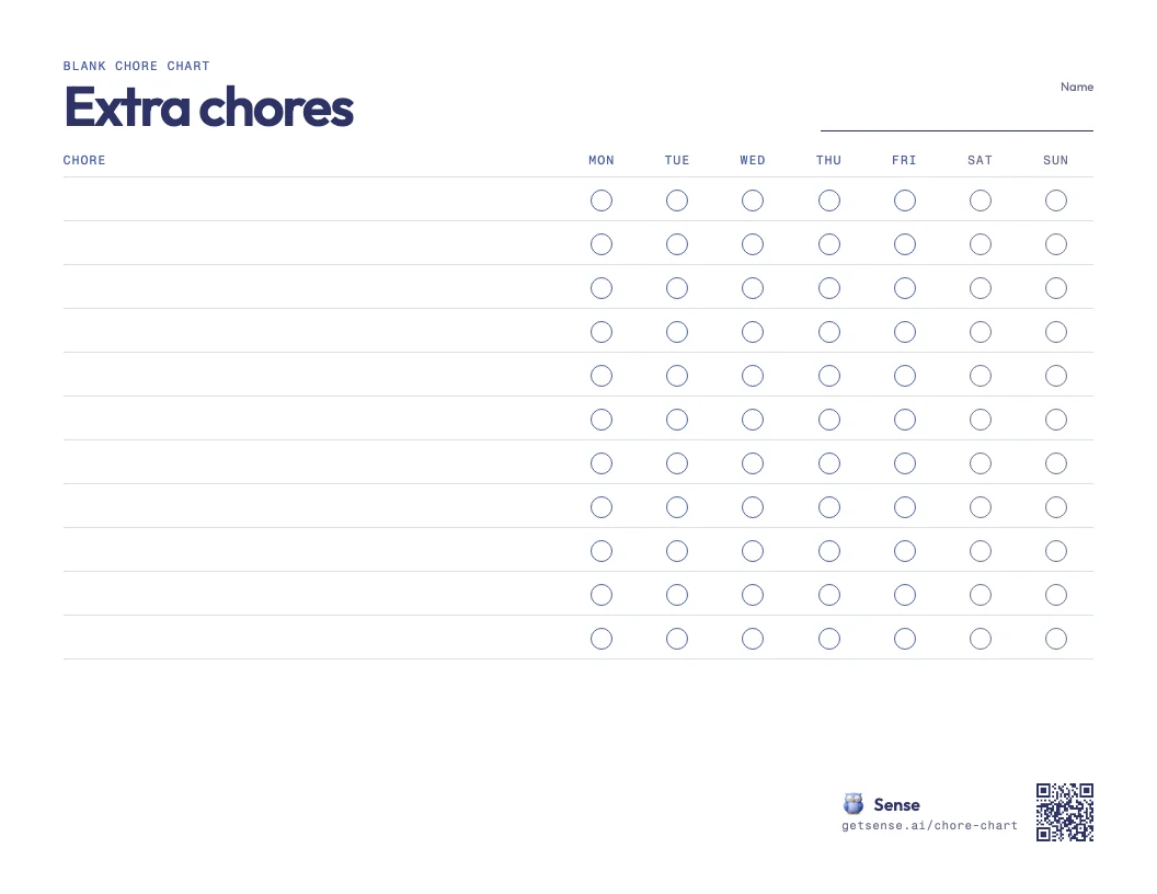 Blank printable weekly chore chart with eleven empty rows and a ring for each day