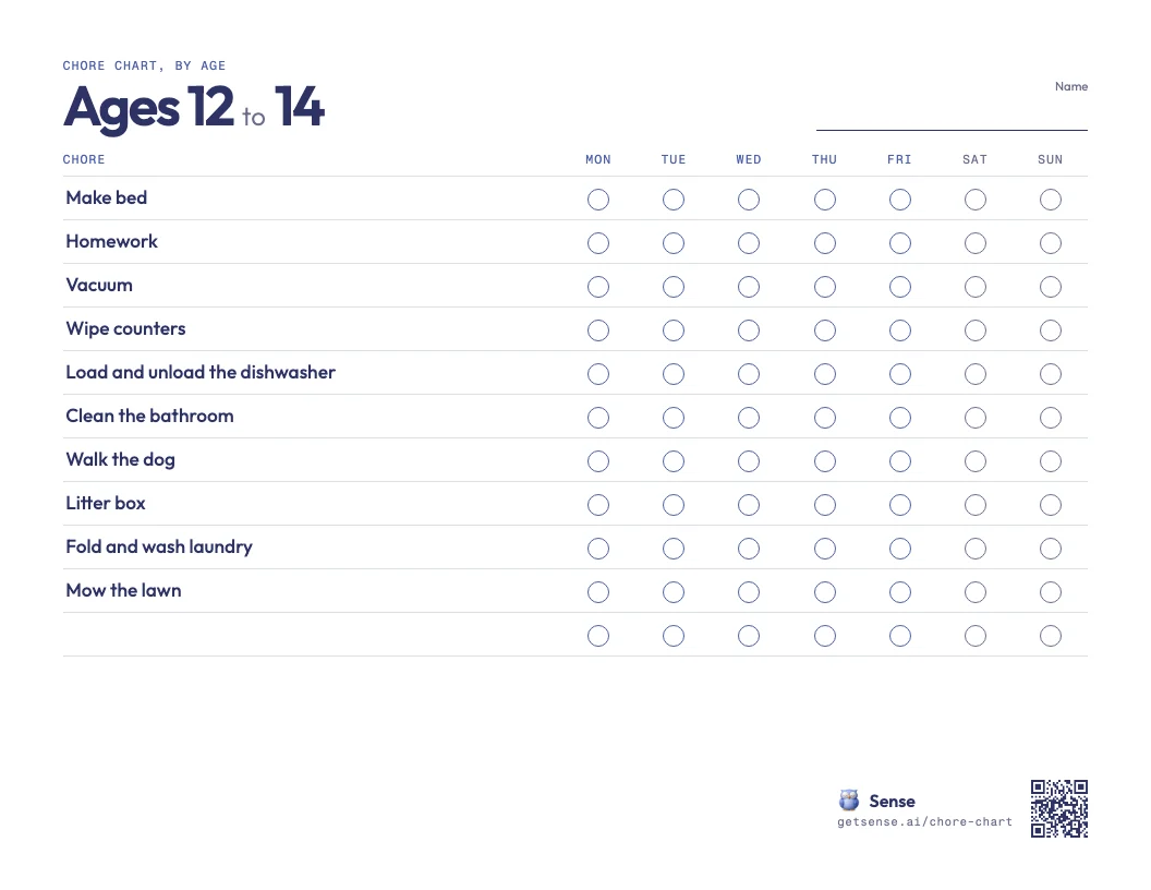 Printable chore chart for 12 to 14 year olds