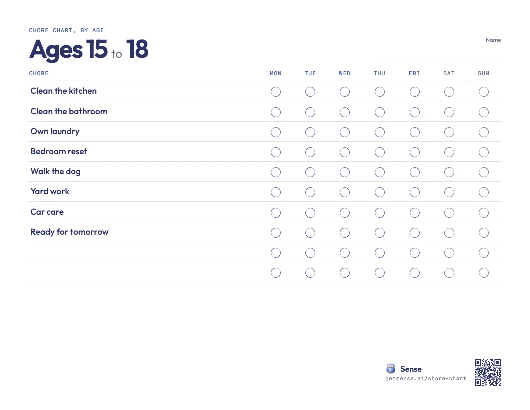 Printable chore chart for teenagers aged 15 to 18
