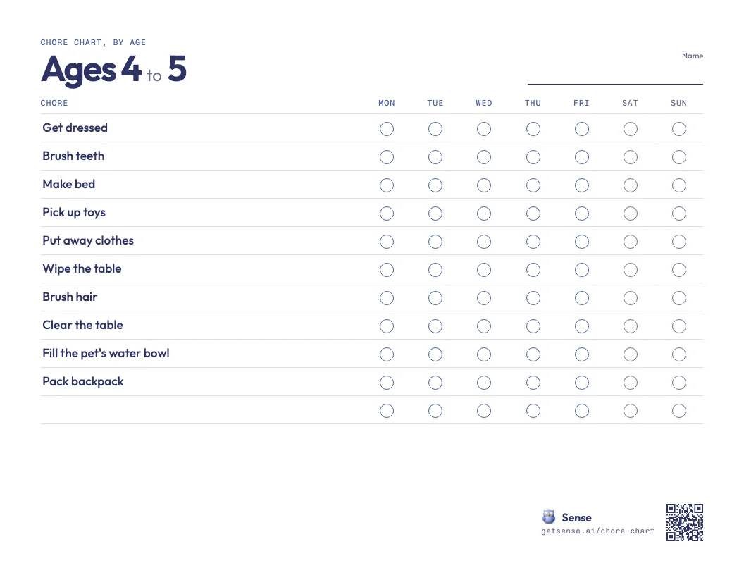 Printable chore chart for 4 and 5 year olds
