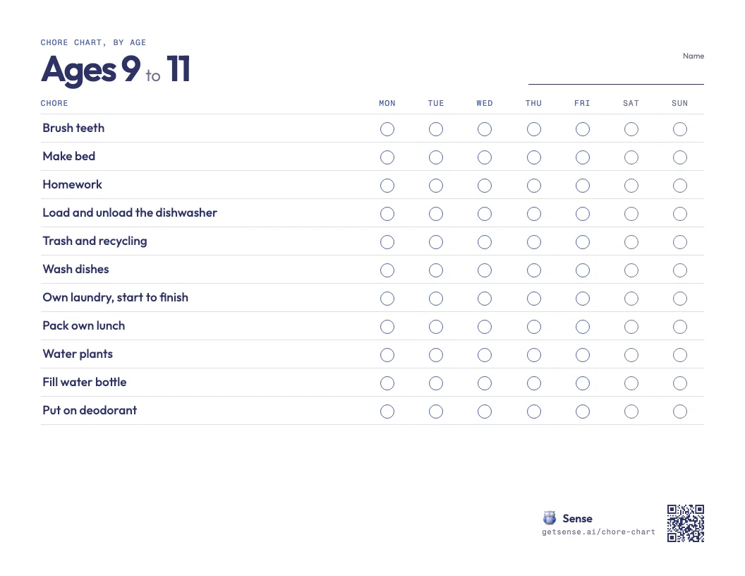Printable chore chart for 9, 10 and 11 year olds