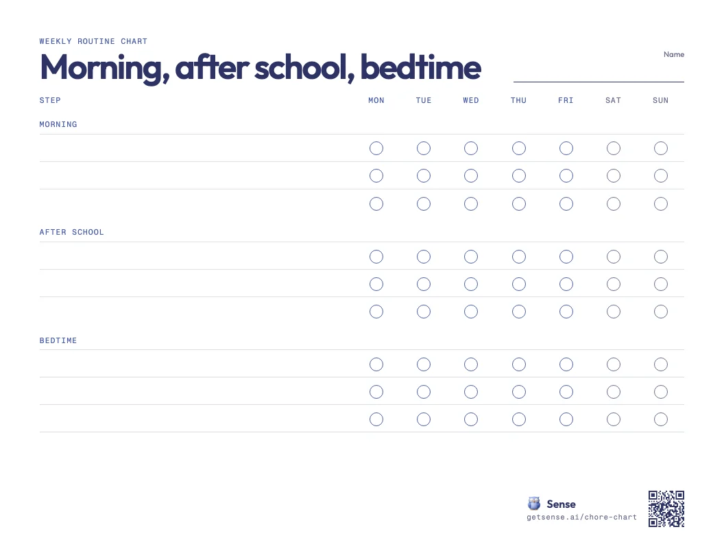 Blank printable weekly routine chart with morning, after school and bedtime sections