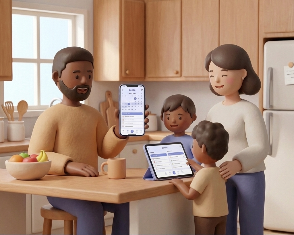 Family viewing shared schedule on phone and tablet