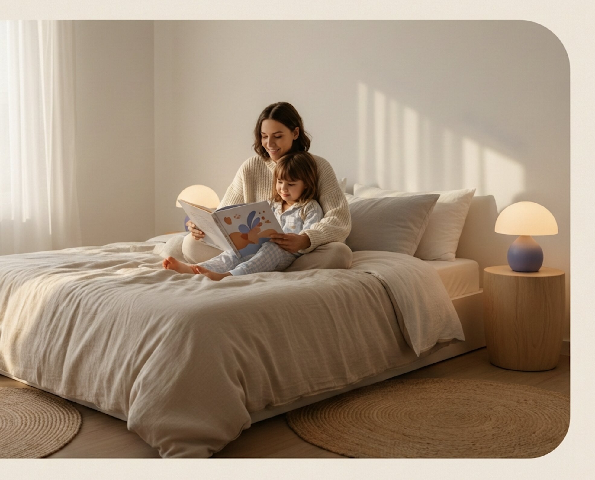 Mother reading bedtime story to daughter - the peaceful evening moments Sense helps you reclaim