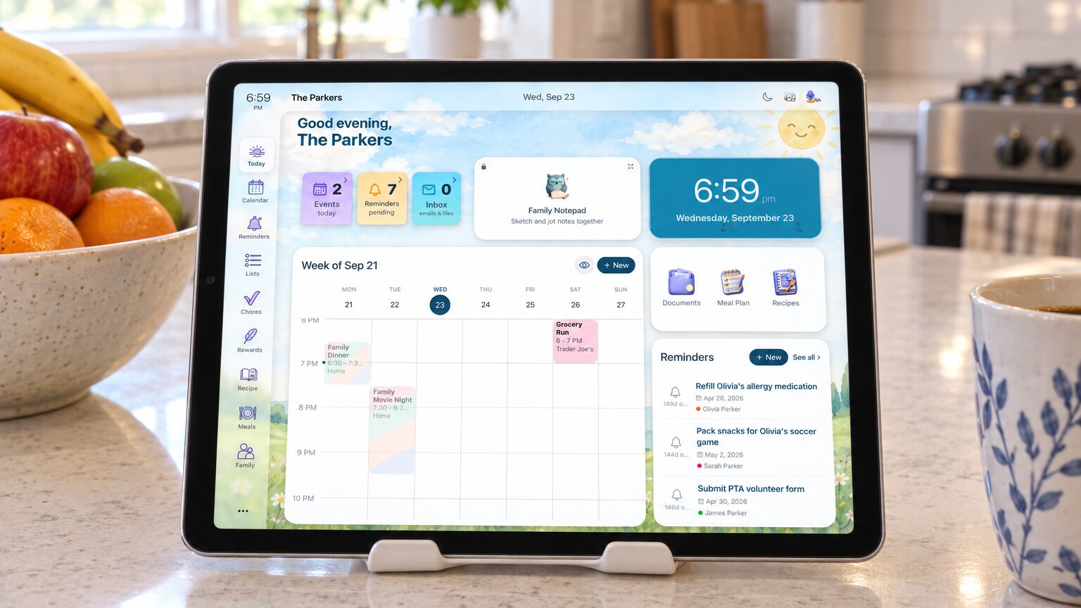 An iPad on a sunlit kitchen counter running Sense Hub, showing the family's week, reminders, and today's plan