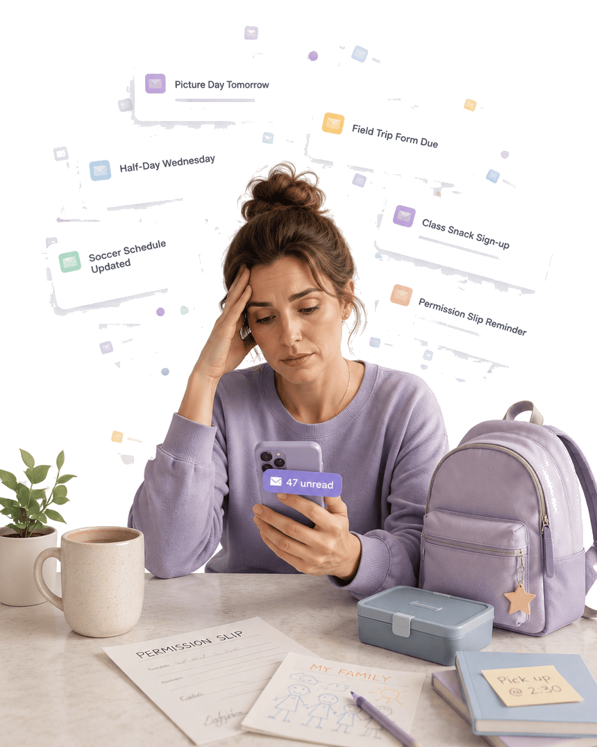 An overwhelmed parent at a kitchen table buried in school emails - picture day, field trip, half-day, snack sign-up