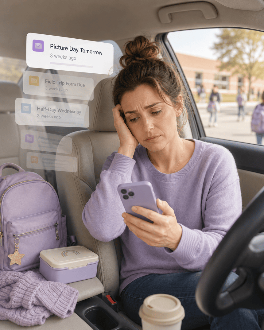 A parent in the school parking lot realizing she missed picture day, with three-week-old emails surfacing on her phone