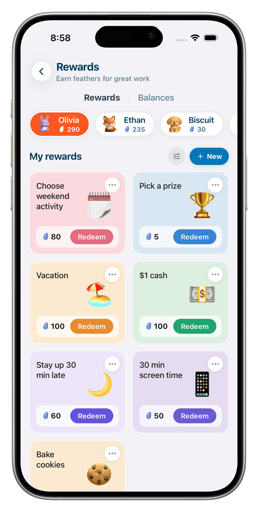 Sense Rewards screen showing kids' feathers balances and redeemable rewards