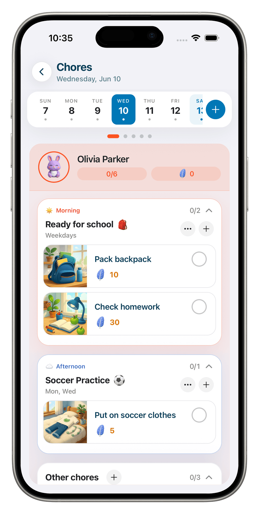 Sense Chores screen showing Olivia's morning routine - pack backpack and check homework