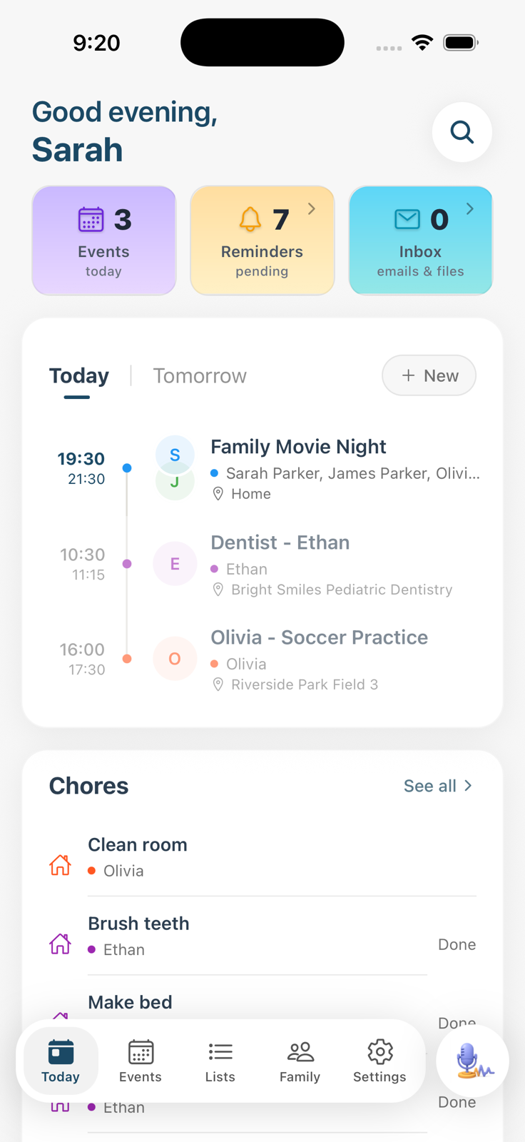Sense Today view showing today's events, reminders, chores, and inbox for the Parker family