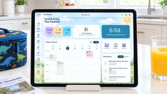 Sense Hub on a tablet propped on a white kitchen island, showing the family's week, reminders, and today's plan
