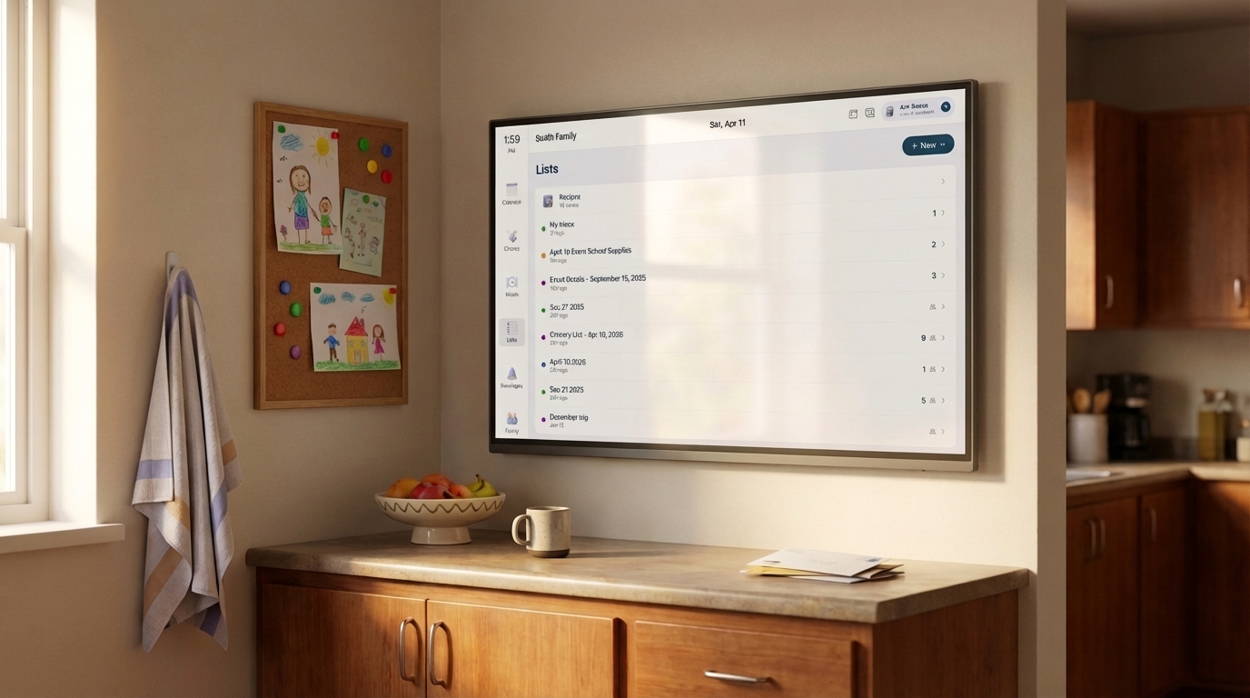 Sense running on a tablet mounted in a family kitchen - always-on family hub display
