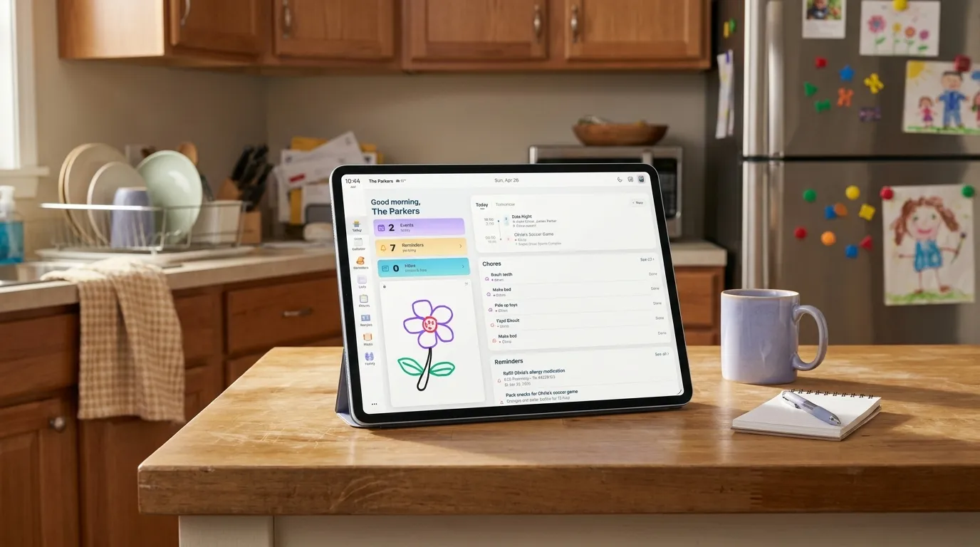 Sense running on a tablet on a kitchen counter as a family hub display