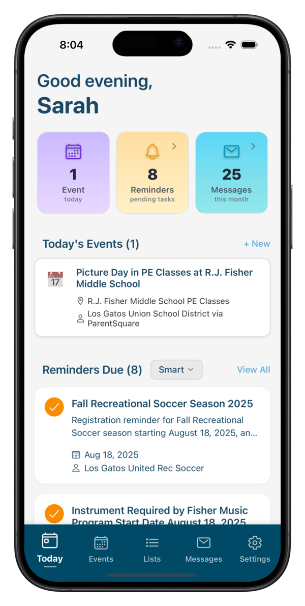 Sense family organizer app dashboard view