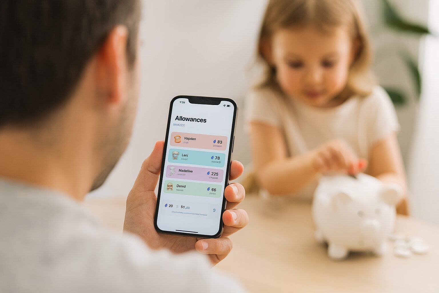 A dad checks each kid's allowance balance in the Sense app while his daughter counts coins by her piggy bank