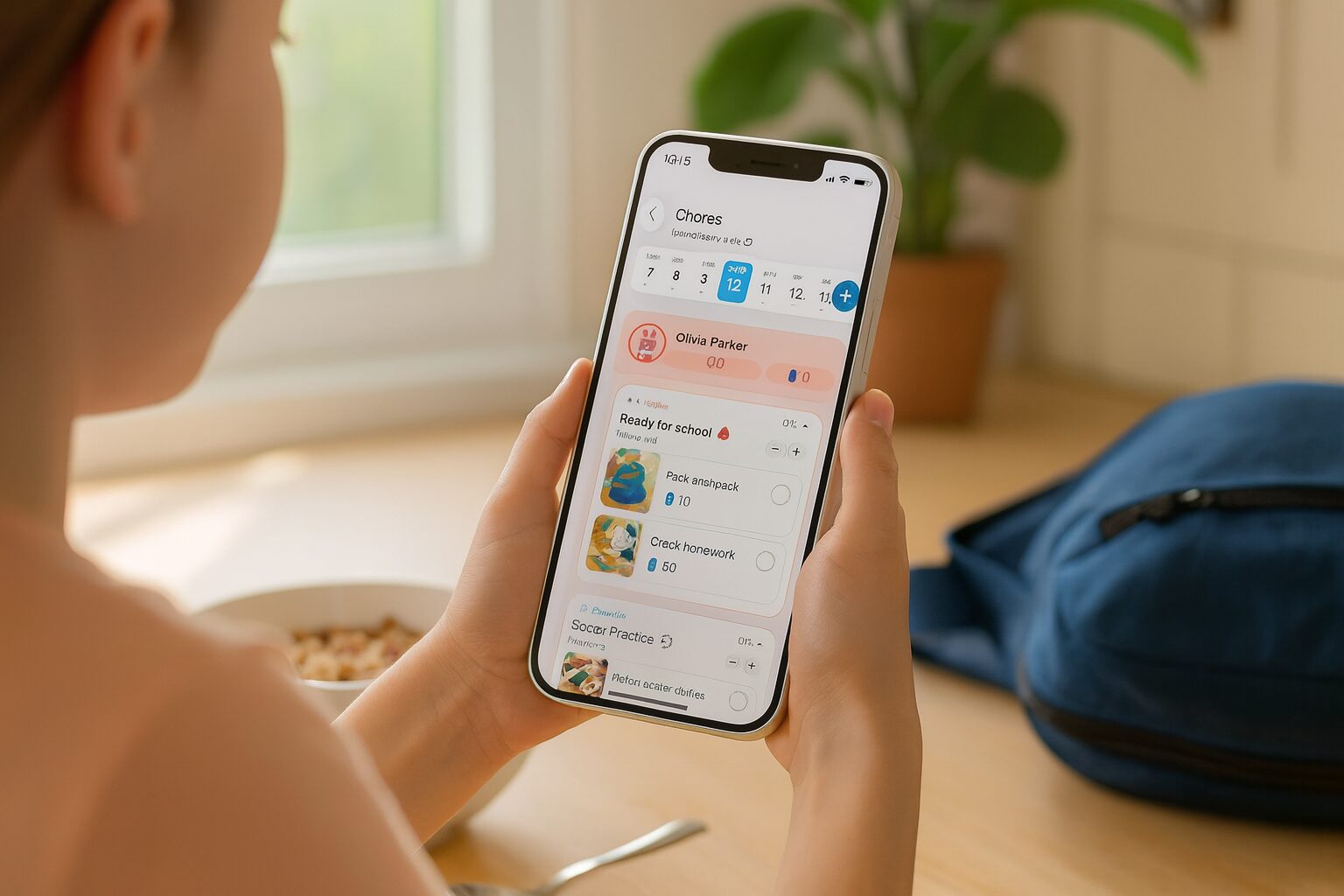A girl checks off her morning chores in the Sense app at the sunlit kitchen counter, her backpack ready beside her