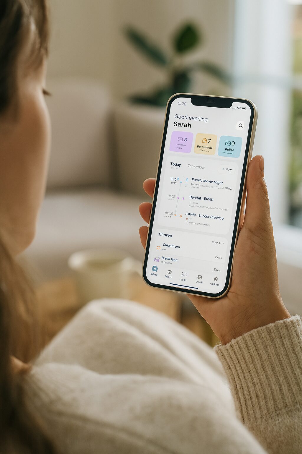 A parent unwinding on the sofa in the evening, checking the family's day on the Sense app