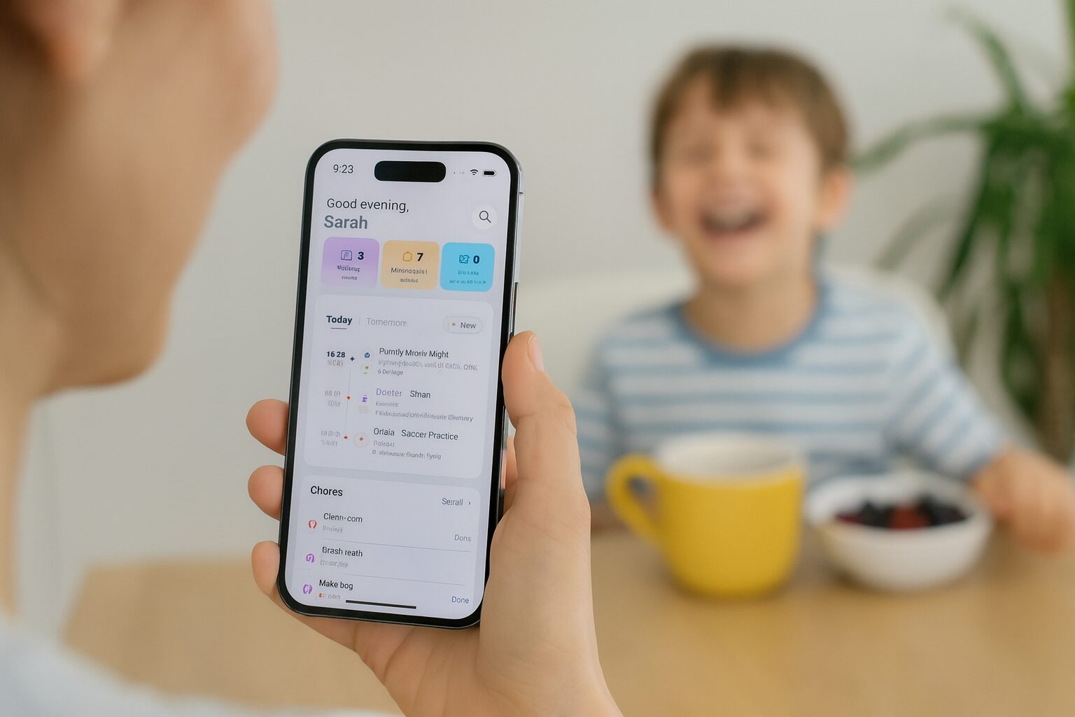 A mother forwards a school email from her phone at the kitchen counter and the dates appear on the family calendar