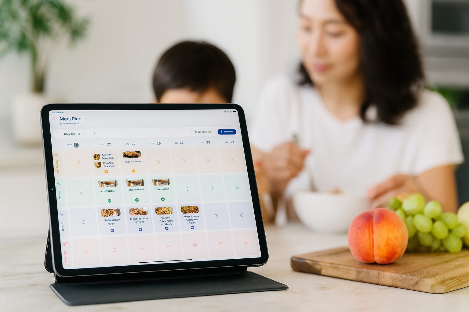 The week's meal plan on a tablet propped on a sunlit kitchen counter while a child eats breakfast nearby