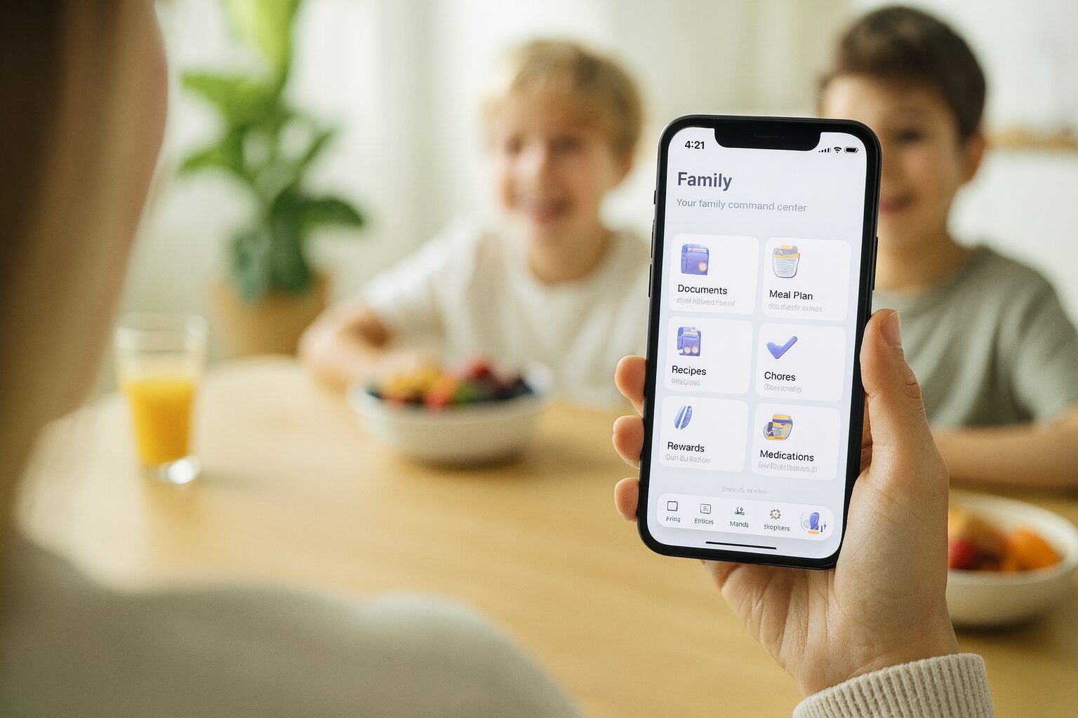 A mother opens the Sense Family hub - documents, meal plan, chores, rewards, medications - on her phone while her kids laugh over breakfast