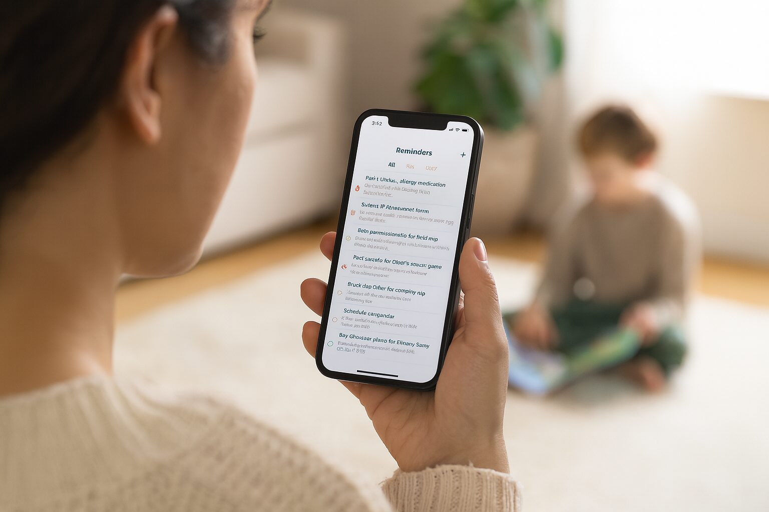 A mother reviews the family's reminders on the Sense app from the sofa while her child reads on the rug