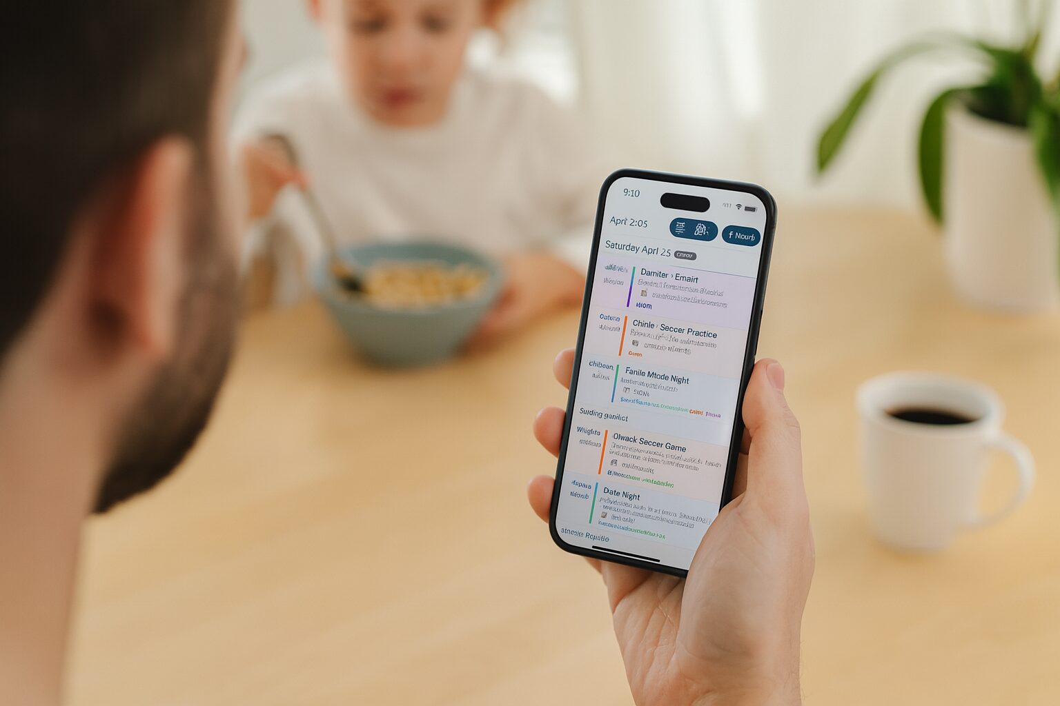 A dad reads a school flyer at the breakfast table while Sense shows the same dates already on the family calendar on his phone